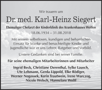 Traueranzeige von Karl-Heinz Siegert von WVG - Wochenspiegel Bitterfeld