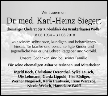 Traueranzeige von Karl-Heinz Siegert von Mitteldeutsche Zeitung Bitterfeld