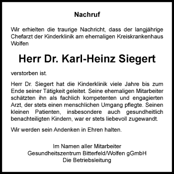 Traueranzeige von Karl-Heinz Siegert von Mitteldeutsche Zeitung Bitterfeld