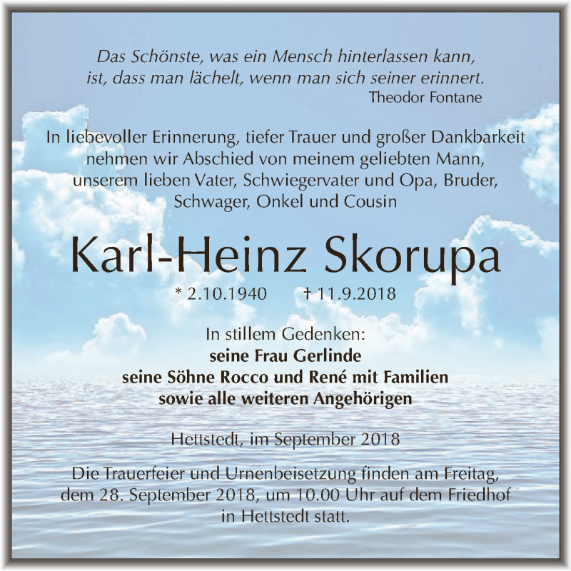  Traueranzeige für Karl-Heinz Skorupa vom 15.09.2018 aus Super Sonntag SGH Mansf. Land