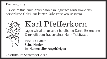 Traueranzeige von Karl Pfefferkorn von Super Sonntag Merseburg