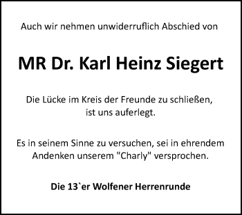 Traueranzeige von Karl Heinz Siegert von Mitteldeutsche Zeitung Bitterfeld
