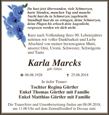 Traueranzeige von Karla Marcks von WVG - Wochenspiegel Dessau / Köthen