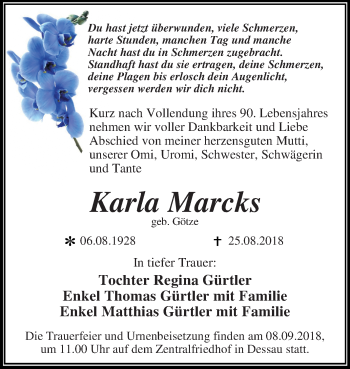 Traueranzeige von Karla Marcks von Mitteldeutsche Zeitung Dessau-Roßlau