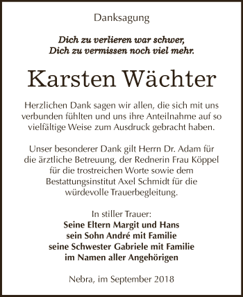 Traueranzeige von Karsten Wächter von WVG - Wochenspiegel NMB / WSF / ZTZ
