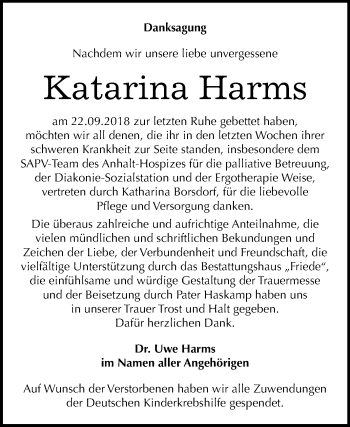 Traueranzeige von Katarina Harms von Mitteldeutsche Zeitung