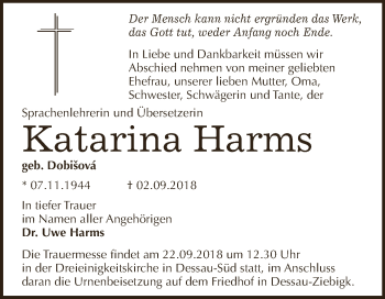 Traueranzeige von Katarina Harms von WVG - Wochenspiegel Dessau / Köthen