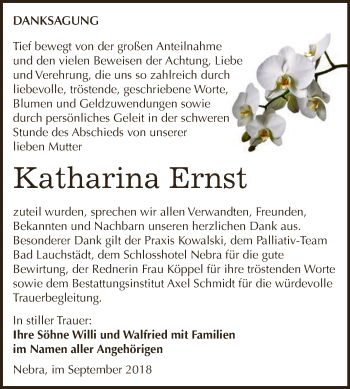 Traueranzeige von Katharina Ernst von WVG - Wochenspiegel NMB / WSF / ZTZ