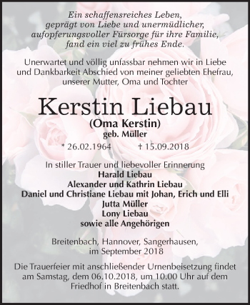 Traueranzeige von Kerstin Liebau von Mitteldeutsche Zeitung Sangerhausen