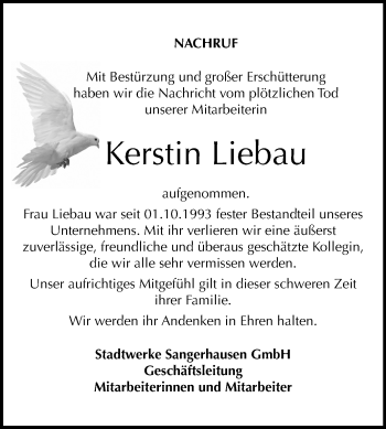 Traueranzeige von Kerstin Liebau von Mitteldeutsche Zeitung Sangerhausen