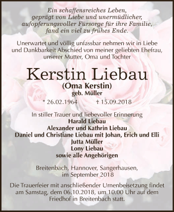 Traueranzeige von Kerstin Liebau von Super Sonntag SGH Mansf. Land