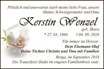 Traueranzeige von Kerstin Wenzel von WVG - Wochenspiegel SGH