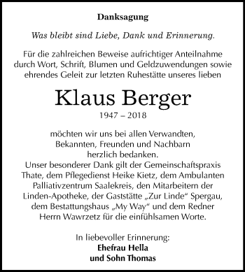 Traueranzeige von Klaus Berger von Mitteldeutsche Zeitung Weißenfels