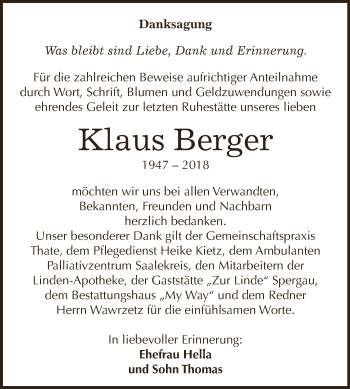 Traueranzeige von Klaus Berger von WVG - Wochenspiegel NMB / WSF / ZTZ