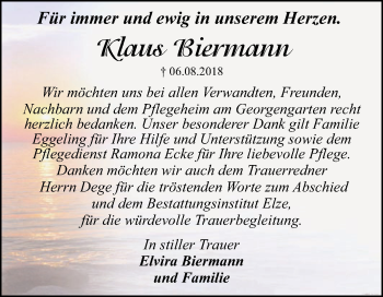 Traueranzeige von Klaus Biermann von WVG - Wochenspiegel Dessau / Köthen