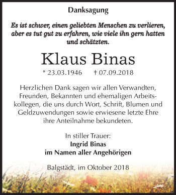 Traueranzeige von Klaus Binas von Mitteldeutsche Zeitung