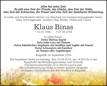 Traueranzeige von Klaus Binas von Mitteldeutsche Zeitung
