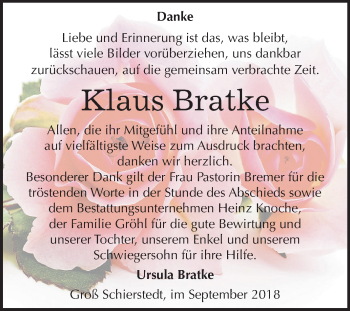 Traueranzeige von Klaus Bratke von Mitteldeutsche Zeitung Aschersleben