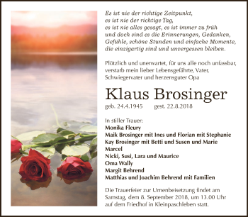 Traueranzeige von Klaus Brosinger von WVG - Wochenspiegel Dessau / Köthen