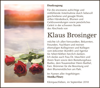 Traueranzeige von Klaus Brosinger von WVG - Wochenspiegel Dessau / Köthen