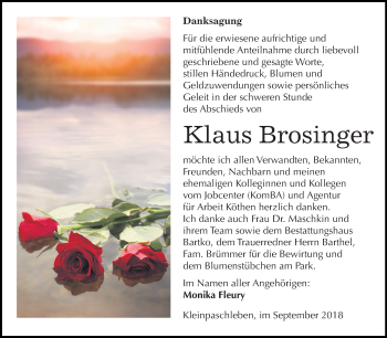 Traueranzeige von Klaus Brosinger von Mitteldeutsche Zeitung Köthen