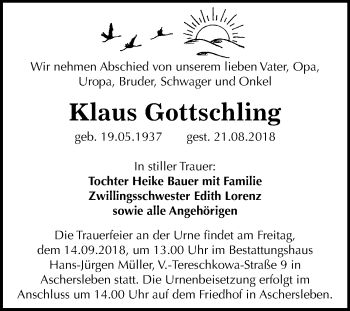 Traueranzeige von Klaus Gottschling von Mitteldeutsche Zeitung Aschersleben