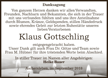 Traueranzeige von Klaus Gottschling von Super Sonntag Aschersleben