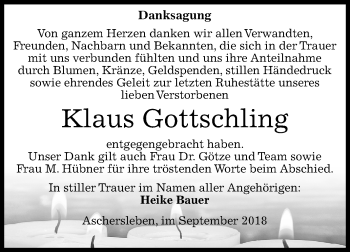 Traueranzeige von Klaus Gottschling von Mitteldeutsche Zeitung Aschersleben