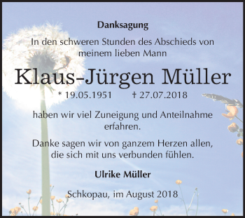 Traueranzeige von Klaus-Jürgen Müller von Mitteldeutsche Zeitung Merseburg/Querfurt
