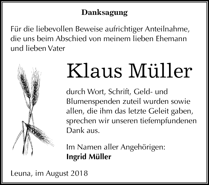  Traueranzeige für Klaus Müller vom 05.09.2018 aus Mitteldeutsche Zeitung Merseburg/Querfurt