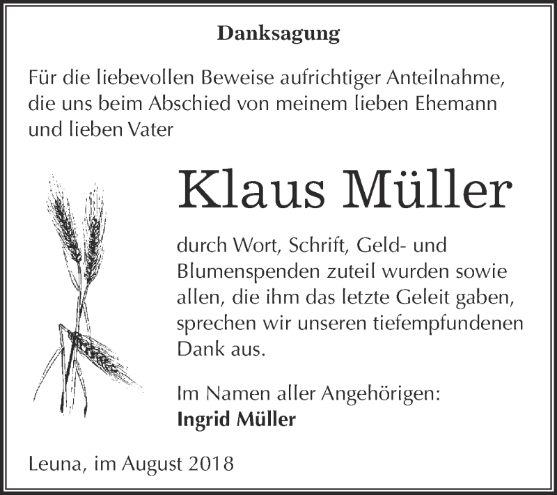  Traueranzeige für Klaus Müller vom 05.09.2018 aus WVG - Wochenspiegel Merseburg