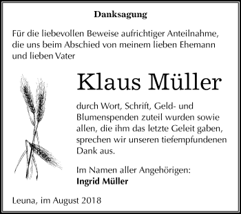 Traueranzeige von Klaus Müller von Mitteldeutsche Zeitung Merseburg/Querfurt