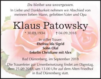 Traueranzeige von Klaus Patowsky von Mitteldeutsche Zeitung Merseburg/Querfurt