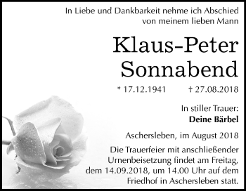 Traueranzeige von Klaus-Peter Sonnabend von Mitteldeutsche Zeitung Aschersleben