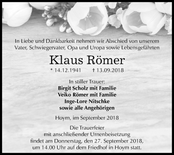 Traueranzeige von Klaus Römer von Mitteldeutsche Zeitung Aschersleben