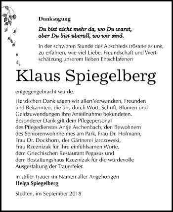 Traueranzeige von Klaus Spiegelberg von Mitteldeutsche Zeitung