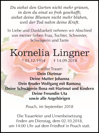 Traueranzeige von Kornelia Lingner von WVG - Wochenspiegel Bitterfeld