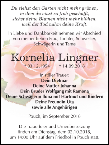 Traueranzeige von Kornelia Lingner von Mitteldeutsche Zeitung Bitterfeld