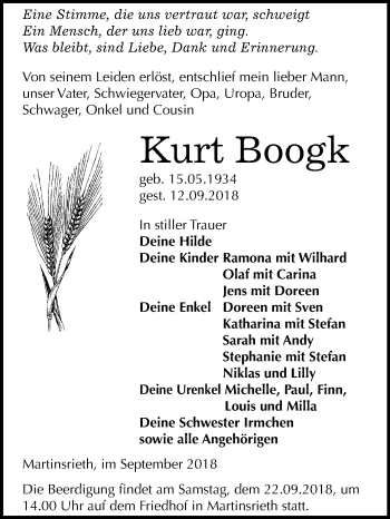 Traueranzeige von Kurt Boogk von Mitteldeutsche Zeitung Sangerhausen