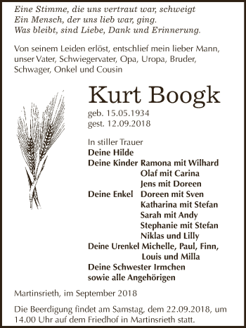 Traueranzeige von Kurt Boogk von WVG - Wochenspiegel SGH