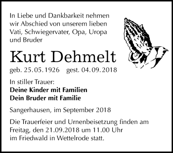 Traueranzeige von Kurt Dehmelt von Mitteldeutsche Zeitung