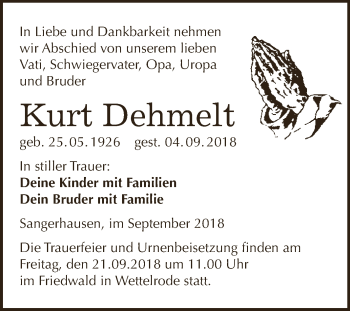 Traueranzeige von Kurt Dehmelt von Super Sonntag SGH Mansf. Land