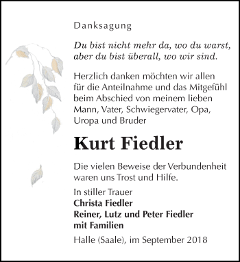 Traueranzeige von Kurt Fiedler von Mitteldeutsche Zeitung Halle/Saalkreis