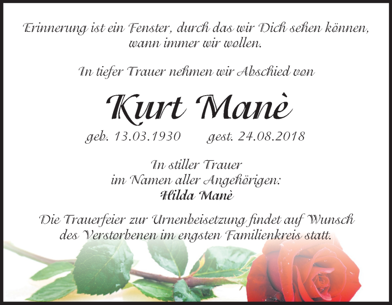  Traueranzeige für Kurt Manè vom 12.09.2018 aus Mitteldeutsche Zeitung Halle/Saalkreis