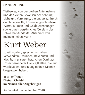 Traueranzeige von Kurt Weber von WVG - Wochenspiegel NMB / WSF / ZTZ