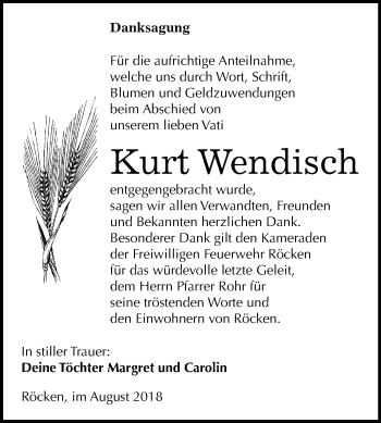 Traueranzeige von Kurt Wendisch von Mitteldeutsche Zeitung Weißenfels