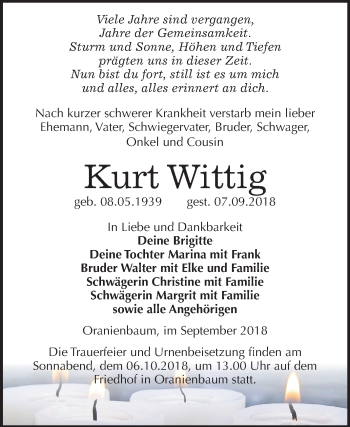Traueranzeige von Kurt Wittig von Mitteldeutsche Zeitung