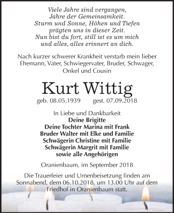 Traueranzeige von Kurt Wittig von WVG - Wochenspiegel Wittenberg