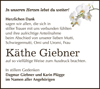 Traueranzeige von Käthe Giebner von Super Sonntag Zeitz