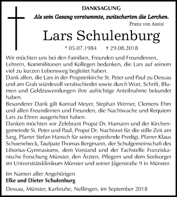 Traueranzeige von Lars Schulenburg von Mitteldeutsche Zeitung Dessau-Roßlau